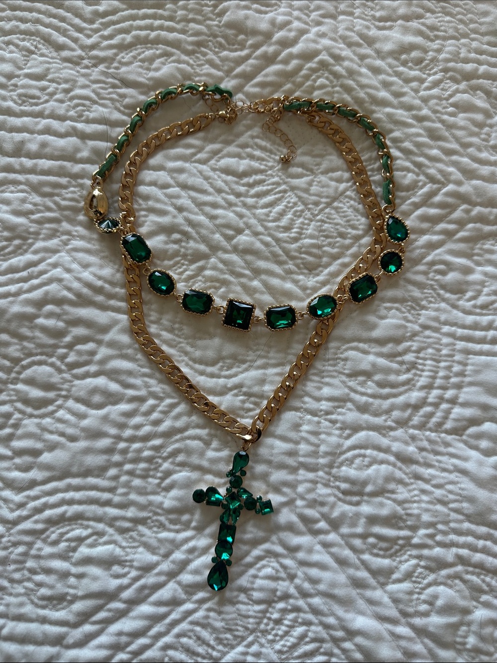 Gold-Tone Green Gem Cross Pendant Layered Necklace - Brand